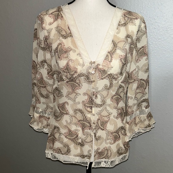 The Limited Silk Paisley Sheer Lace Y2K Bell Sleeve Blouse Size Medium - Picture 1 of 5